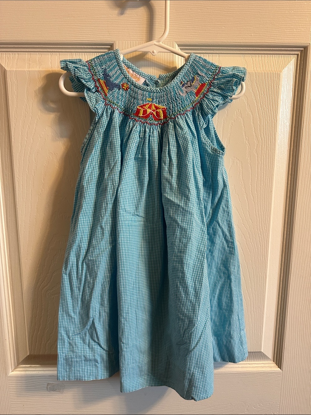 Light Blue Smocked Gingham Girls' Casual Dress with Ruffle Shoulders